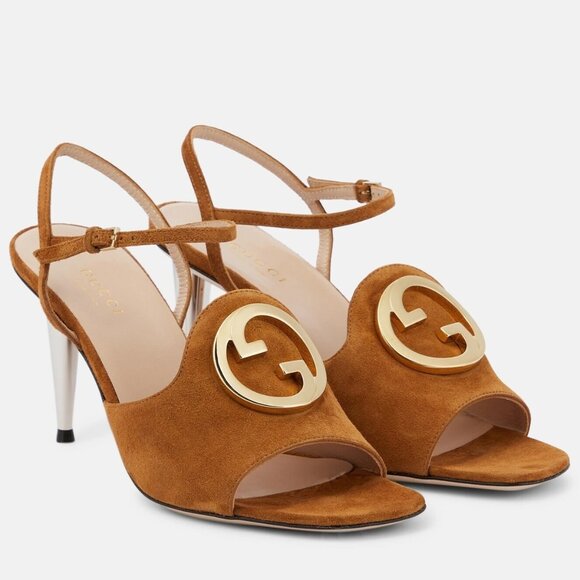 Gucci Blondie GG Suede Slingback Ankle Strap Sandals 85 Heels Shoes Cognac - Picture 1 of 16